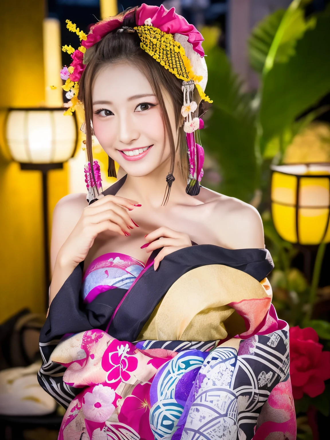 ( One mischievous girl ), very cute face , amazing face and eyes, ( High Resolution Eye , very beautiful face ), Fresh, very beautiful appearance, (Ultra-Realistic, nothing ), ( best quality:1.4), RAW photo, (Realistic, Photographically:1.37), professional photo shoot , (Floral Yukata:1.5), (Open yukata), ( :1.2), ( bare shoulders), Laugh a little, (look at me), bedroom, Portrait of a Girl,