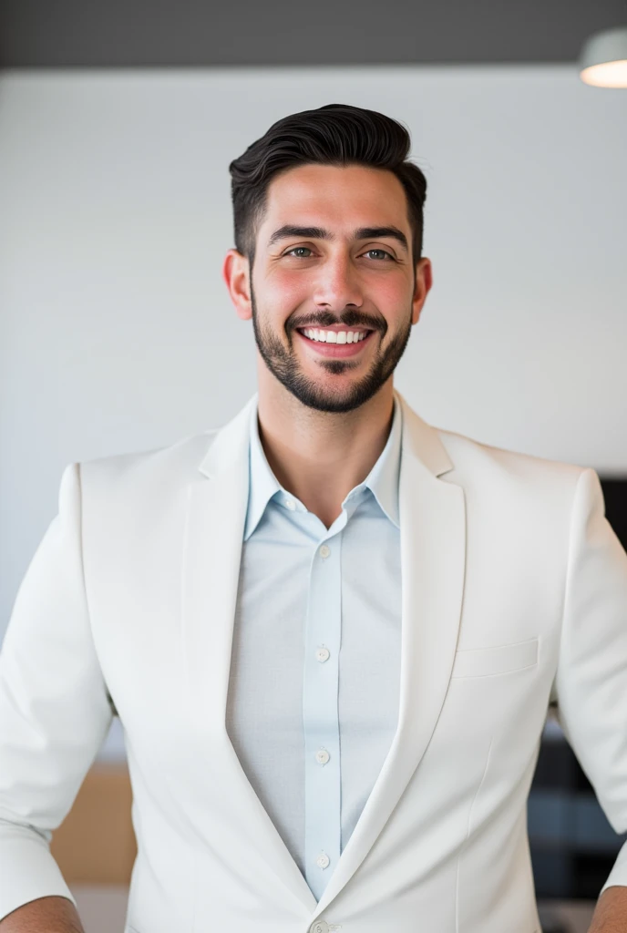 man in the image is of athletic build, with strong and toned arms, suggesting physical fitness. He has a confident and upright posture, exuding positivity and energy. His smile is broad and warm, further enhancing his inviting and cheerful presence. His hair is dark, neatly styled, and thick, complementing his clean-shaven face. He is wearing white suit. On his left wrist, he wears a modern black smartwatch with a rectangular face, adding a tech-savvy and contemporary touch to his appearance. His overall presentation is polished and professional, with a focus on friendliness and approachability