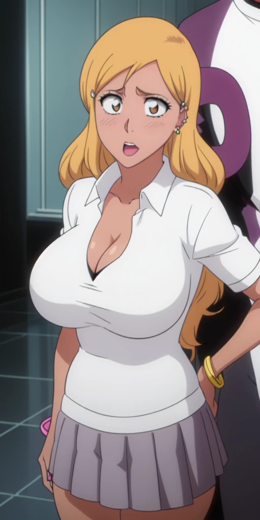 Orihime Inoue,Bleach artstyle,Big breast,Enchanted big breast,Thick lips,Circle piercing in lips,((((White shirt school uniform)))),Cleavage,(((short gray skirt)))Curvy figure,Plump,Hoopa bracelet,Long nail,Side burn visible,look at viewer,(((yellow blond color hair))),((head facing front)),High quality,Highres,Humongous big breast,visible ear,Big cleavage,light blush,((Stud earring)),((A lot of piercing)),((black Chocker)),Hyper Detail,((dark colored Skin)),((tanned Gyaru)),Crossing arm,Messy hair,Detailed lips,Colorless lips,puckered smile,unbuttoned collar shirt,mono color hair,((long wavy curly hair)),See throught leopard print bra,Half eyes open,Solo,1girl,light blush,Glossy lips,((Himecut bang hair)),flirty,Enchanted big breast,open mouth