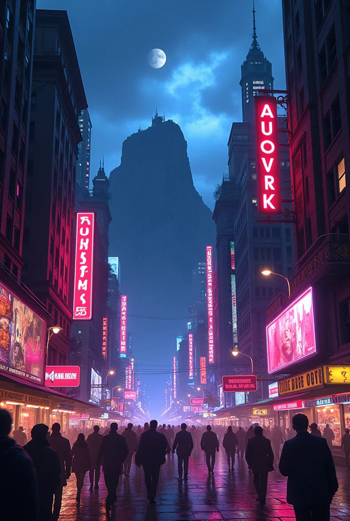 New York Mahatham Island at night with neon lights