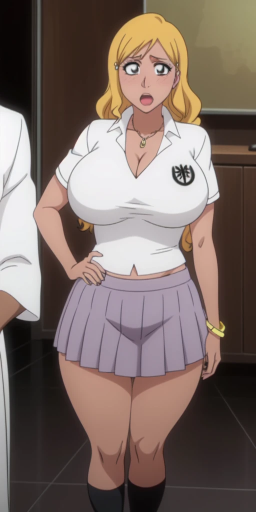 Orihime Inoue,Bleach artstyle,Big breast,Enchanted big breast,Thick lips,Circle piercing in lips,((((White shirt school uniform)))),Cleavage,(((short gray skirt)))Curvy figure,Plump,Hoopa bracelet,Long nail,Side burn visible,look at viewer,(((yellow blond color hair))),((head facing front)),High quality,Highres,Humongous big breast,visible ear,Big cleavage,light blush,((Stud earring)),((A lot of piercing)),((black Chocker)),Hyper Detail,((dark colored Skin)),((tanned Gyaru)),Crossing arm,Messy hair,Detailed lips,Colorless lips,puckered smile,unbuttoned collar shirt,mono color hair,((long wavy curly hair)),See throught leopard print bra,Half eyes open,Solo,1girl,light blush,Glossy lips,((Himecut bang hair)),flirty,Enchanted big breast,open mouth