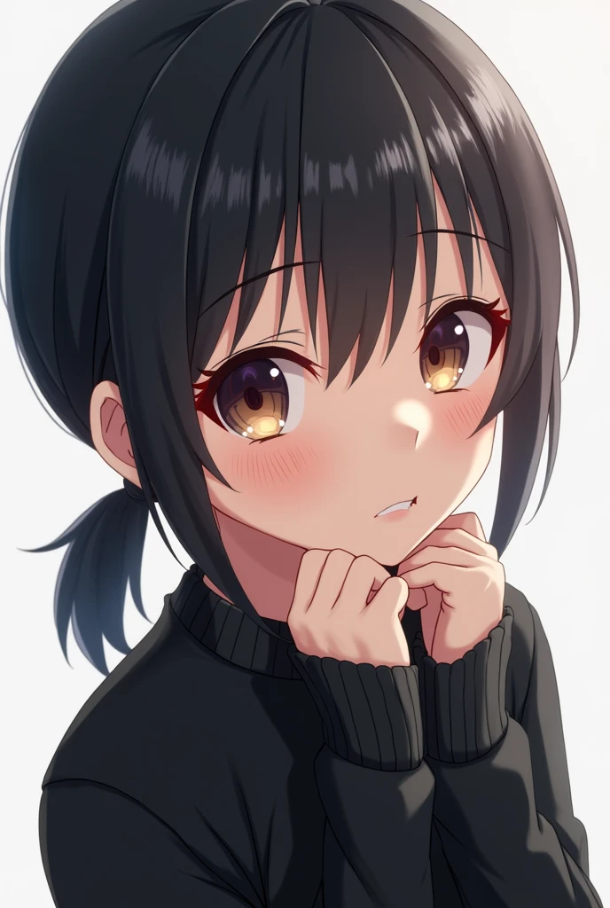 1girl, bun hair, slightly blushing cheeks, short pants, slim distressed knitted mini dress, black hair color mixed with dark blue, frown, looking at the viewer, add_detail:1