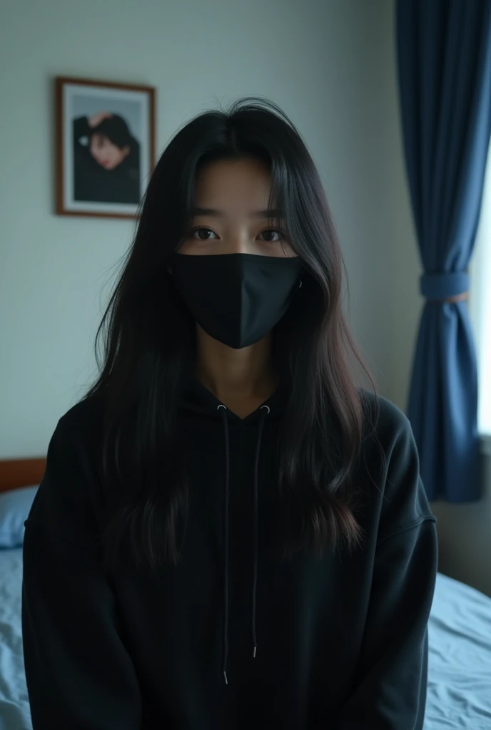 People all wearing masks without showing their faces and wearing black coats in a gloomy room