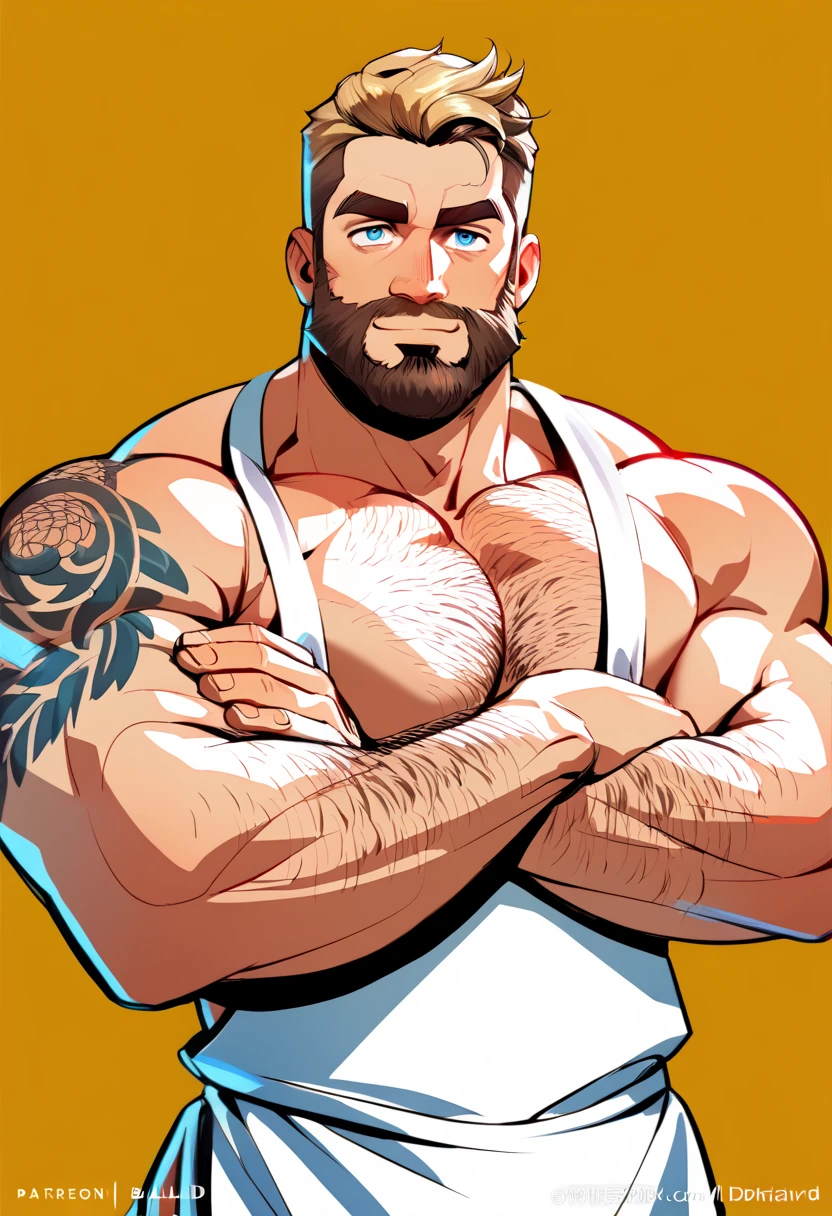 A muscular bearded tattooed baker kneading dough naked only wearing a white apron, NSFW, big shoulders, big chest, thin waist, big buttcheeks, balanced anatomy, perfect anatomy, deep eyes, blonde, short haircut, blue eyes, hairy, very handsome, kneading dough, bakery kitchen background, high resolution, high quality, masterpiece 