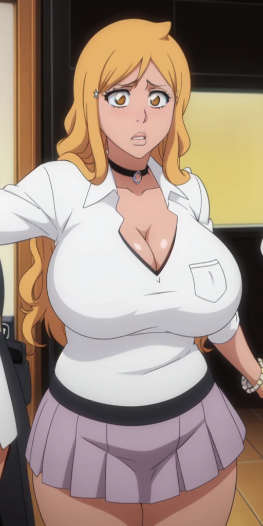 Orihime Inoue,Bleach artstyle,Big breast,Enchanted big breast,Thick lips,Circle piercing in lips,((((White shirt school uniform)))),Cleavage,(((short gray skirt)))Curvy figure,Plump,Hoopa bracelet,Long nail,Side burn visible,look at viewer,(((yellow blond color hair))),((head facing front)),High quality,Highres,Humongous big breast,visible ear,Big cleavage,light blush,((Stud earring)),((A lot of piercing)),((black Chocker)),Hyper Detail,((dark colored Skin)),((tanned Gyaru)),Crossing arm,Messy hair,Detailed lips,Colorless lips,puckered lips,unbuttoned collar shirt,mono color hair,((long wavy curly hair)),See throught leopard print bra,Half eyes open,Solo,1girl,light blush,Glossy lips,((Himecut bang hair)),flirty,Enchanted big breast,