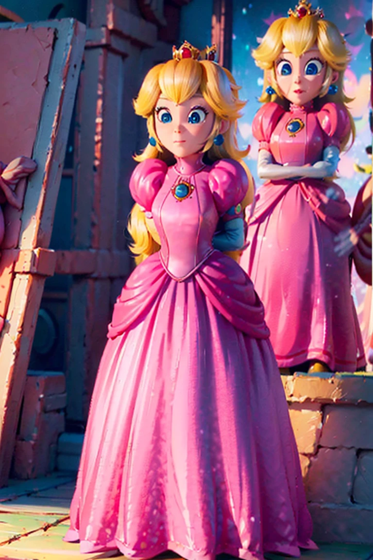 score_9, score_8_up, score_7_up, 1girl, ( (Peach, princess Peach from super mario lore, princess peach, pink long dress, crown), (front view), perfect proportions, simple background, standing, , bound arms, arms behind back, full body, otn gag, tight mask, wrap mask, black mask, (armbinder: 1.3) )