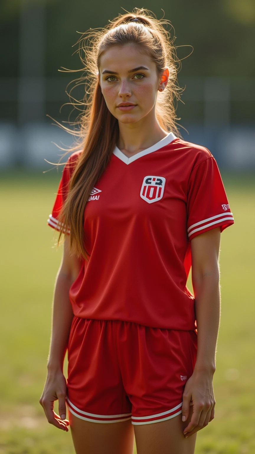 (8K, Raw photo, Best Quality, masutepiece:1.2), (Realistic, Photorealsitic:1.37),1 girl,Beautiful,Powerful, (Solo),A detailed face, Dramatic Angle,
Red football/soccer Uniforms ,Sports, Look away,Sporty,Wet skin,Sweat,Large breasts,nice legs,soccer Venues,
