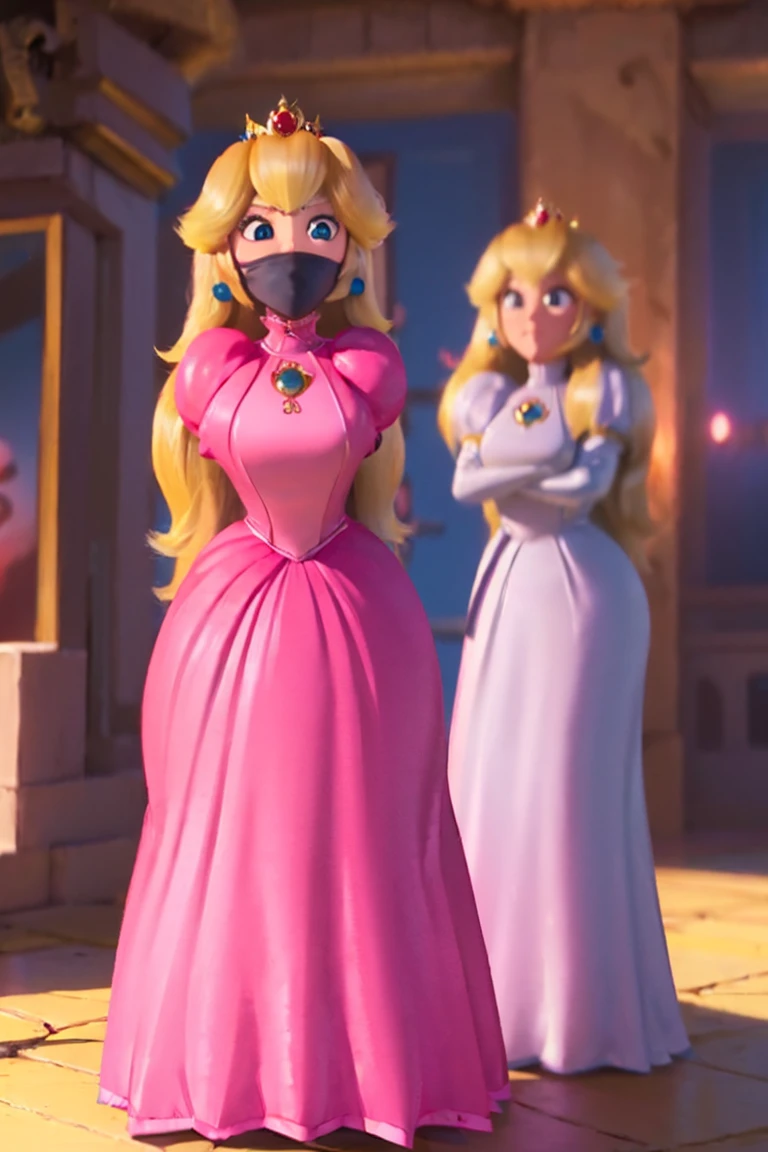 score_9, score_8_up, score_7_up, solo, 1girl, Princess Peach \(Mario Bros\), (Ela tem grandes eyes azuis brilhantes), (light skin), (pele realista),, (((long straight blond hair))), (Dark shadows compose), ((Very huge breasts, rosa )), ( thick thighs ), (Perfect thin body), (crown), ((Posing sexy in peach princess castle)), (master part, High definition, Volumetric lights and dynamic shadowaster part)), (8k), ( perfect face), (ultra details) (perfect hands, eye, the face), ((sorriso sexy)), (arms behind back:1.4), full body, complete body, standing, standing, mask, mask neck corset, mask corset, black mask, tight mask, gag neck corset, (armbinder:1.4), 