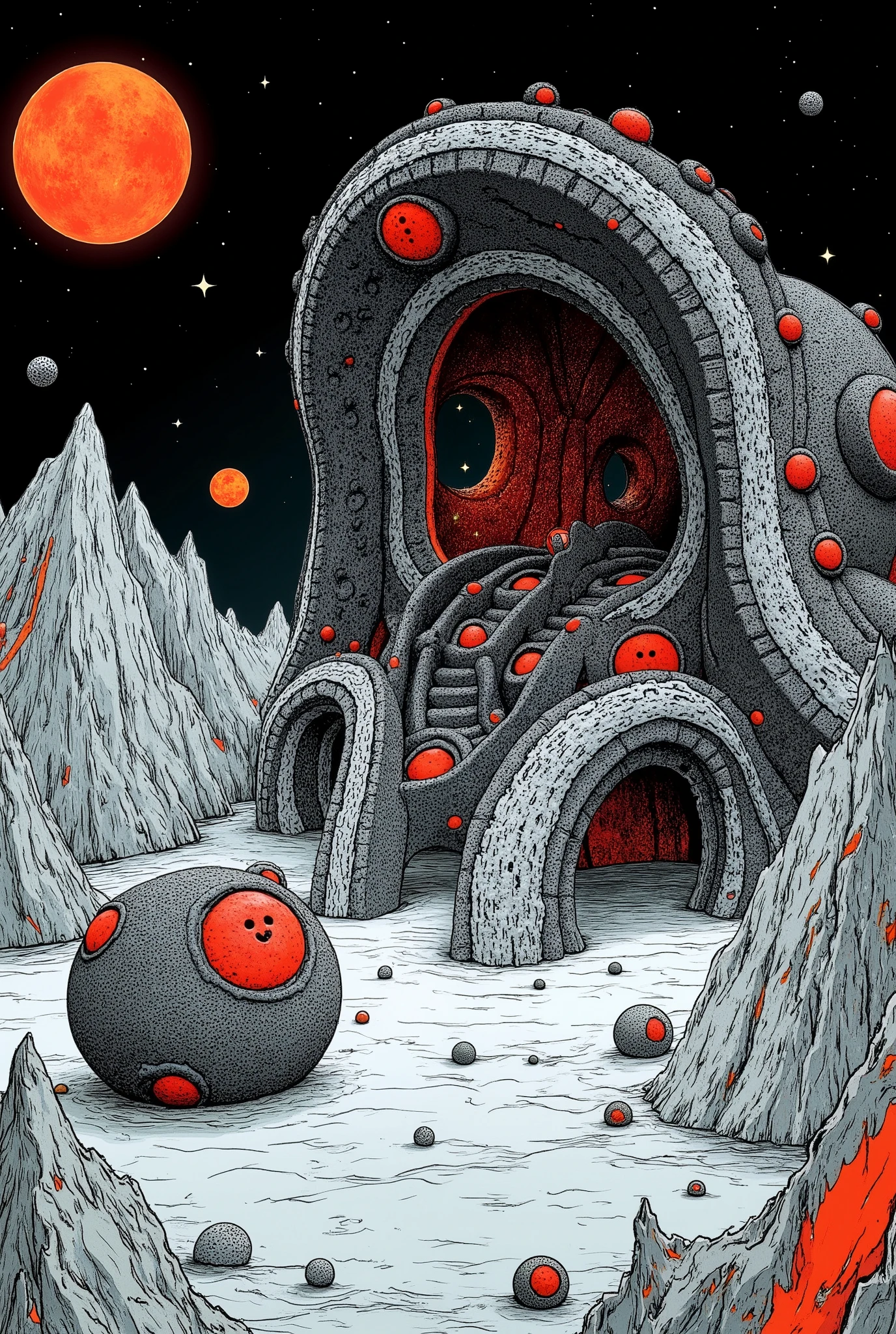 月球机车A moon base designed in a Fractal Geometric Metamorphosis style, featuring intricate, repeating patterns and shapes that transform and evolve. The scene emphasizes infinite complexity, showcasing elaborate structures that twist and flow seamlessly. The color scheme predominantly features black and red, creating a dramatic contrast that highlights the geometric details and enhances the otherworldly atmosphere of the moon base. The landscape is dotted with futuristic elements, giving a sense of advanced technology and exploration.