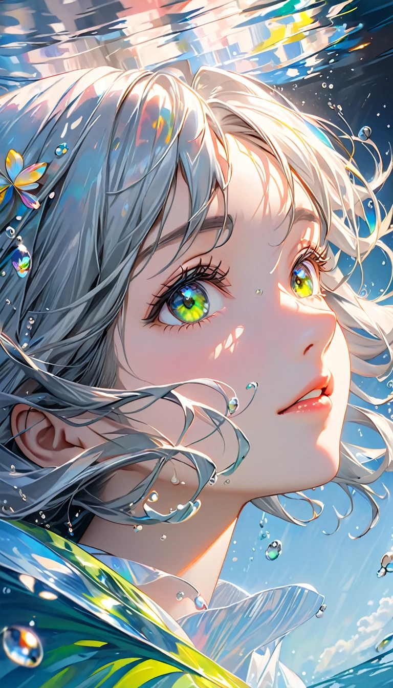  Grey Haired Girl Swimming Underwater , Ultra High Definition Rendering Style,Shine,yellow,green,Brush,Hyperrealistic oil painting,Shine瞳, head close-up , Exaggerated Perspective  , Tyndall effect, Water Drops,Pearl Shell Iridescence, Holographic White , black background,