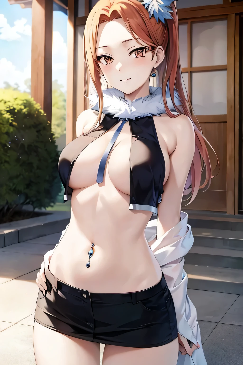 hinako kujou, anime cels style, cleavage, large breasts:, beautiful face, long hair, blue eye, masterpiece, best quality, highly detailed, bare shoulder, dancer, micro skirt, crop top , (nsfw) not safe for work, 
ecchi anime style, anime girls, ecchi style, ecchi, digital anime art!!, in anime style, official artwork, visual
novel cg, beautiful anime girl, anime style 4 k, exposed belly, exposed navel, exposed midriff, exposed lower belly, navel piercing, outdoor, japanese architecture, temple