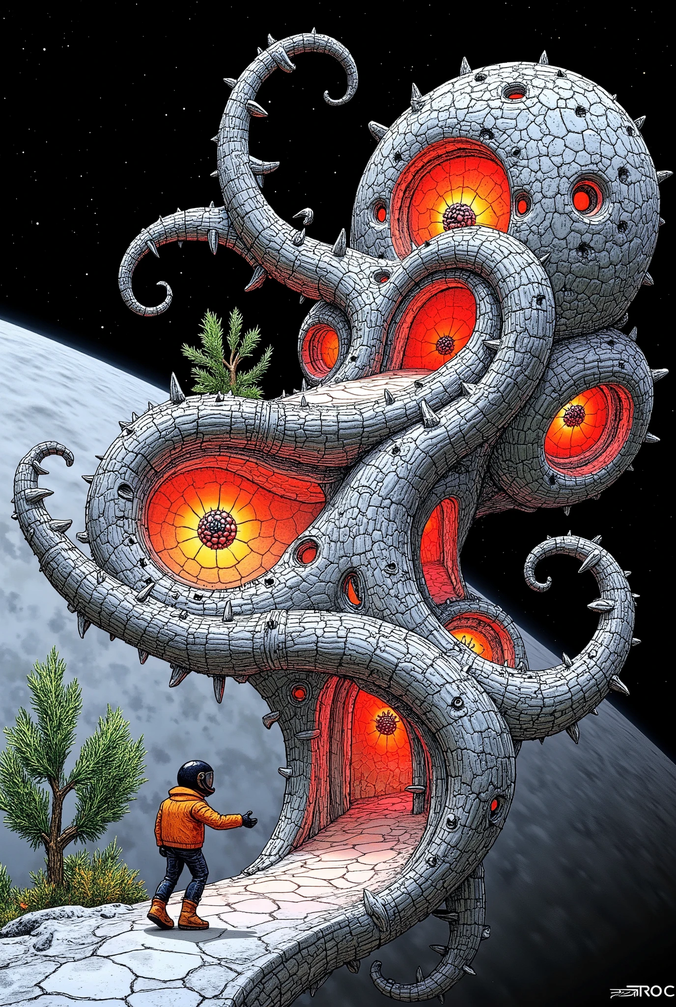 月球机车A moon base designed in a Fractal Geometric Metamorphosis style, featuring intricate, repeating patterns and shapes that transform and evolve. The scene emphasizes infinite complexity, showcasing elaborate structures that twist and flow seamlessly. The color scheme predominantly features black and red, creating a dramatic contrast that highlights the geometric details and enhances the otherworldly atmosphere of the moon base. The landscape is dotted with futuristic elements, giving a sense of advanced technology and exploration.

