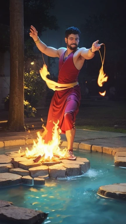 An extremely huge bodybuilder man is performing the whirling dance on a shallow pond, spinning and wears only long blended black and gold transparent tulle gown, and tying his long hair in a bun with gold ring. As he spins, his hands move a tiny ropes with a fire tip, creating a circular fire effect around him. Colorful thick smokes surrounds him and water splashes everywhere from the movement of his feet. The image shows a sense of dynamic movement with long exposure cameras, with the fire burning bright in a rather dark atmosphere, so that the light of the fire looks contrasting with the background. His face is calm and focused, reflecting the peace and stillness of his spiritual dance. Hyperrealism,Realistic lighting,Highly detailed,8k