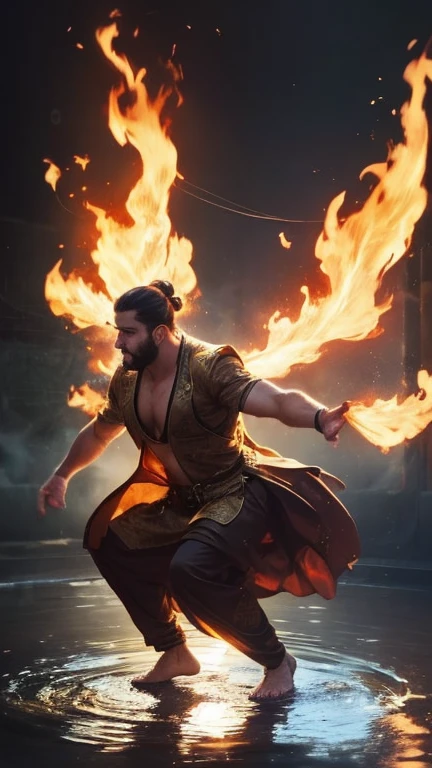 An extremely huge bodybuilder man is performing the whirling dance on a shallow pond, spinning and wears only long blended black and gold transparent tulle gown, and tying his long hair in a bun with gold ring. As he spins, his hands move a tiny ropes with a fire tip, creating a circular fire effect around him. Colorful thick smokes surrounds him and water splashes everywhere from the movement of his feet. The image shows a sense of dynamic movement with long exposure cameras, with the fire burning bright in a rather dark atmosphere, so that the light of the fire looks contrasting with the background. His face is calm and focused, reflecting the peace and stillness of his spiritual dance. Hyperrealism,Realistic lighting,Highly detailed,8k