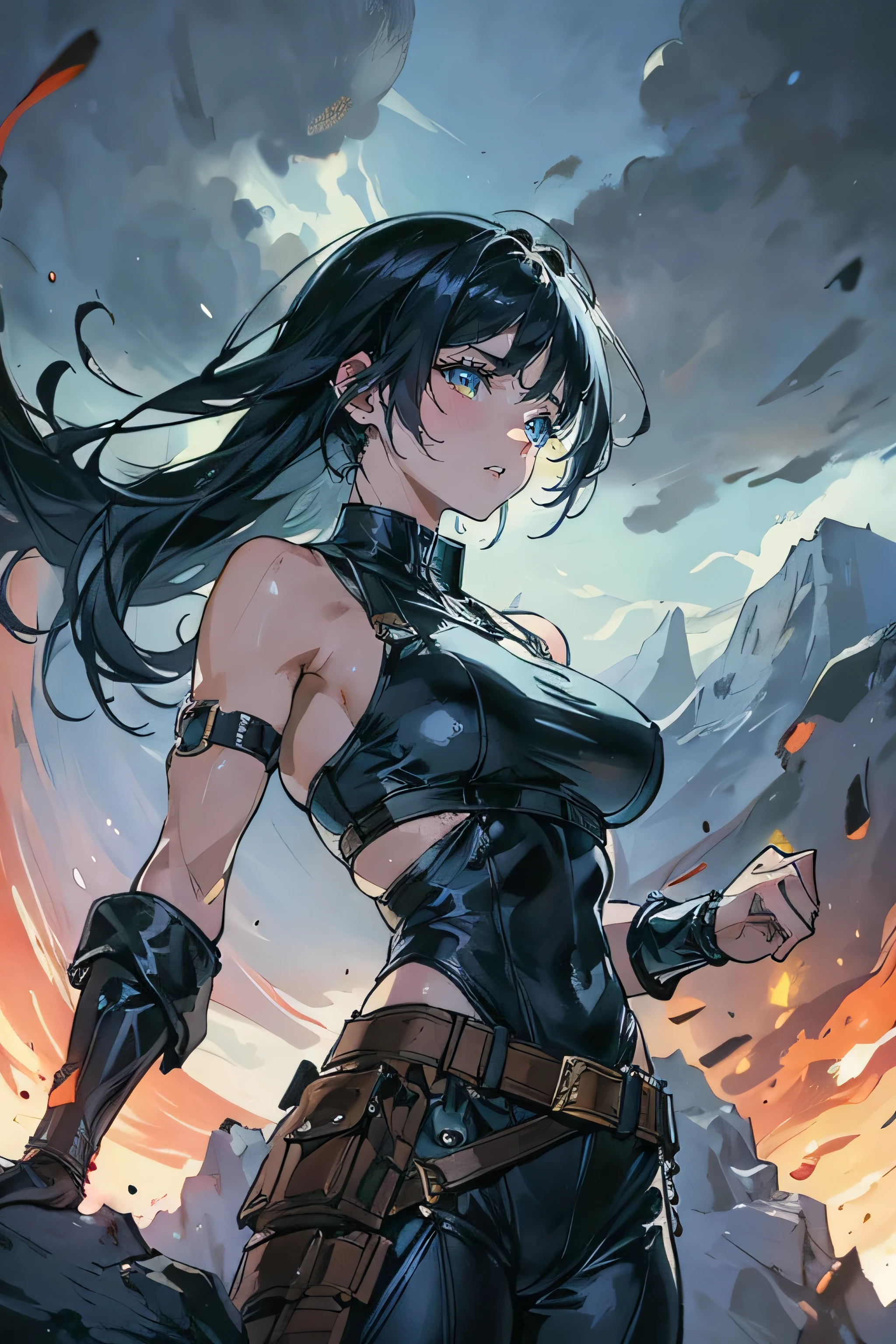 The image depicts a female character with long black hair, wearing a dark-colored tight-fitting top and a tactical vest or harness. The background features a bright blue light, giving the scene a dramatic and dynamic atmosphere. The character appears to have a strong, muscular build. The art style is indicative of an animated or illustrated format.