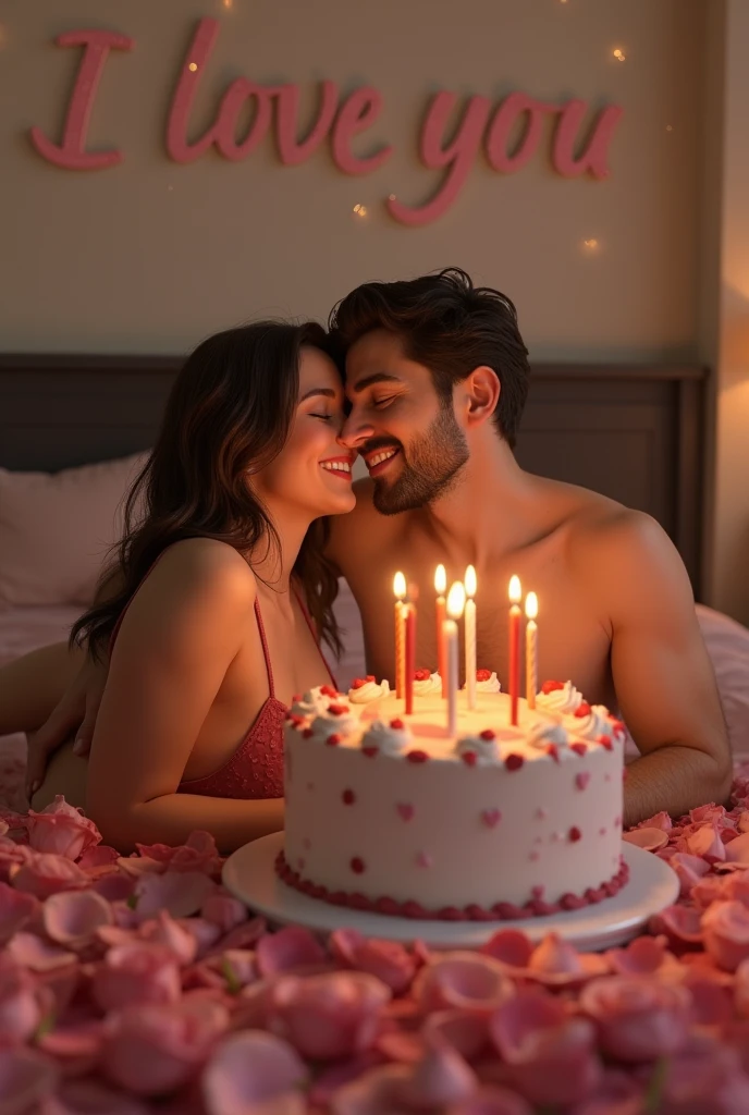 Handsome hugging busty woman eachother, woman birthday ,cake , full body