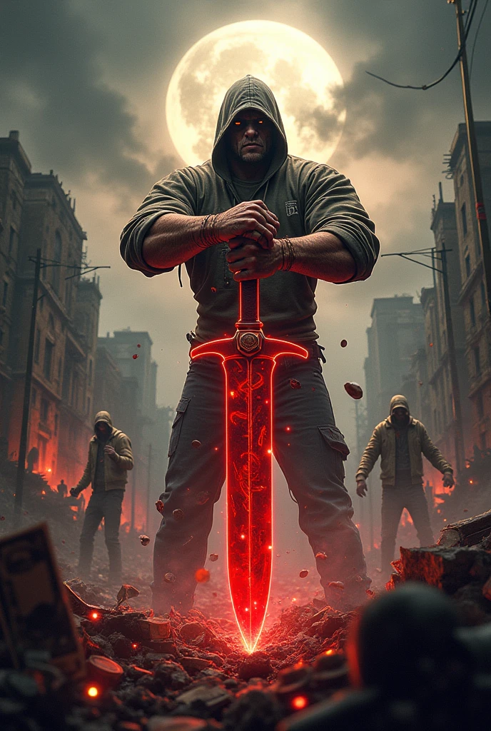 Best quality, masterpiece, ultra high res,detailed background,realistic,illustration,from below,full body,solo,1boy,pyramidHead,muscular,facial hair,blood on clothes,boots,full red moon,blood splatter,mist,fog,red and black,ruins,volumetric lighting,depth of field,