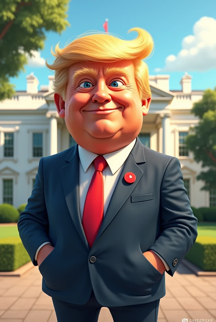 A humorous and whimsical illustration of President Donald Trump, in the Disney-Pixar style, with a playful touch: he is swatting away a mosquito that is in his ear. Trump sports a bright smile, a bold hairstyle and his signature suit. The overall tone of the image is lighthearted and fun while maintaining a sense of familiarity with the real-life figure.