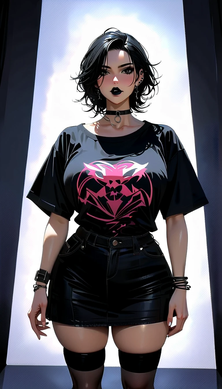 (  movie  , 8k, 4K,  high contrast, :1.2 , Better aesthetics), (  dynamic angle  ), (( A rebellious woman )),    gothic  , Sensual,    mature body,   Super detailed,   pretty and detailed face  ,   detailed and beautiful eyes  ,   detailed and beautiful mouth  , corpo ,   perfect breaths  , , big butts, perfect wide thighs , (,  Wavy black hair ), (dark black eyes), (Black Lipstick), (  serious facial expression ), ( T-Shirt clothes, black Choker,   black pleated skirt  ,  Knee-high socks  ), (standing) (centered) , (  looking at the viewer  ), (empty room)  (piercings na orelha) (bracelet)  