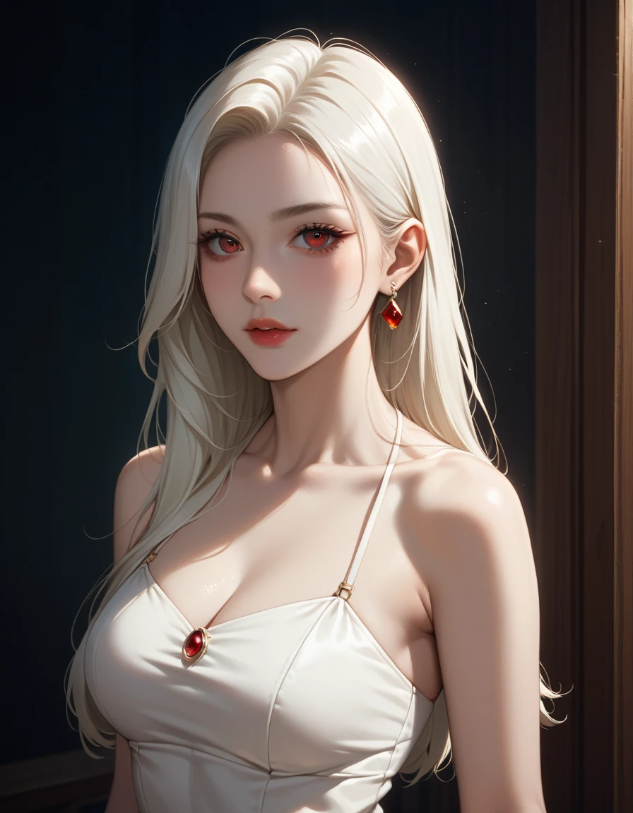 Beautiful girl with long white hair,  white skin, And red eyes, In the woods with cinematic lighting, It&#39;s dark and there&#39;s little light. She is wearing a golden white dress, Her eyes were focused,  stare at the viewer standing in a dark room. Her skin is white, Her face was delicate and perfect., a masterpiece, Top quality artwork.  The images are incredibly detailed 8K CG wallpapers ,  using neutral filters with artistic cinematic lighting and film-like tones.