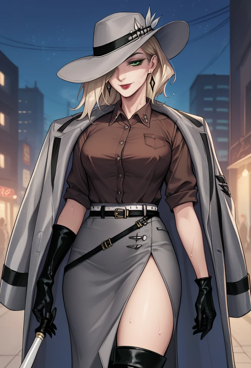  1girl, brown shirt, collared shirt, grey coat, coat on shoulder, gloves, grey pencil skirt, long skirt, side slit, black thigh boots, belt, black belt, thighs, makeup, red lips, three-quarter portrait, hand on own arm, hat over one eye, one eye covered, looking at viewer, unbutton shirt, earrings, in city, night sky, green eyes,after sex, sweating body, covered erect nipples, estrus, sweating profusely, light smile, large breast