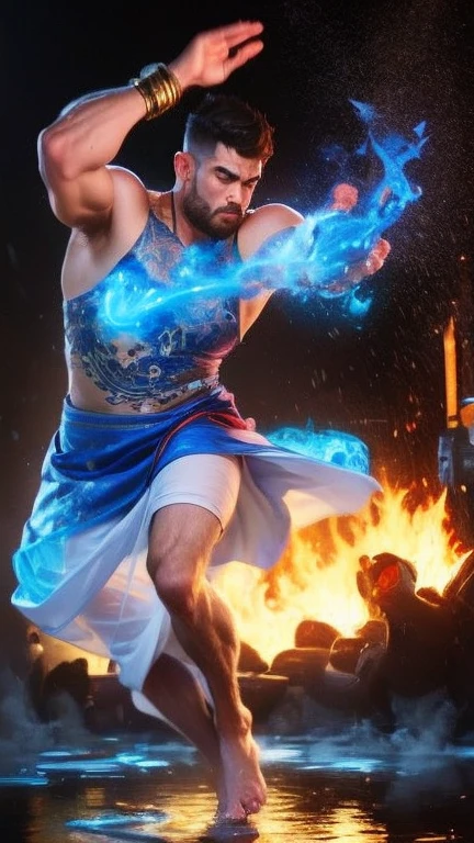 An extremely huge bodybuilder man is performing the whirling dance on a shallow pond, spinning and wears only long blended dark blue and silver transparent tulle gown, and tying his long hair in a bun with gold ring. As he spins, his hands move a tiny ropes with a blue fire tip, creating a circular blue fire effect around him. Blue thick smokes surrounds him and water splashes everywhere from the movement of his feet. The image shows a sense of dynamic movement with long exposure cameras, with the blue fire burning bright in a rather dark atmosphere, so that the light of the blue fire looks contrasting with the background. His face is calm and focused, reflecting the peace and stillness of his spiritual dance. Hyperrealism,Realistic lighting,Highly detailed,8k