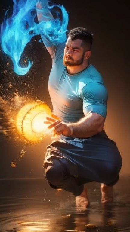 An extremely huge bodybuilder man is performing the whirling dance on a shallow pond, spinning and wears only long blended dark blue and silver transparent tulle gown, and tying his long hair in a bun with gold ring. As he spins, his hands move a tiny ropes with a blue fire tip, creating a circular blue fire effect around him. Blue thick smokes surrounds him and water splashes everywhere from the movement of his feet. The image shows a sense of dynamic movement with long exposure cameras, with the blue fire burning bright in a rather dark atmosphere, so that the light of the blue fire looks contrasting with the background. His face is calm and focused, reflecting the peace and stillness of his spiritual dance. Hyperrealism,Realistic lighting,Highly detailed,8k