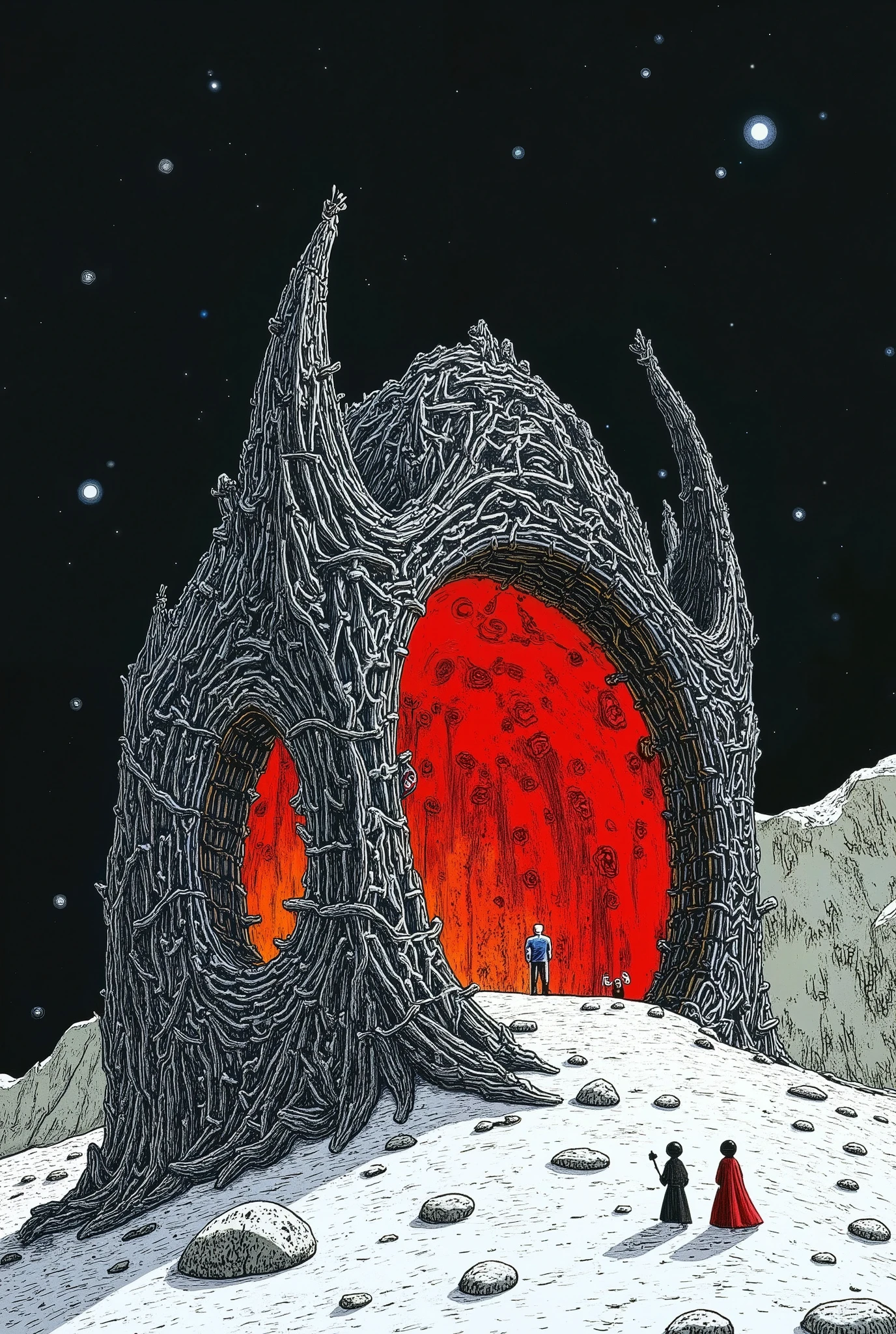 月球机车A moon base designed in a Fractal Geometric Metamorphosis style, featuring intricate, repeating patterns and shapes that transform and evolve. The scene emphasizes infinite complexity, showcasing elaborate structures that twist and flow seamlessly. The color scheme predominantly features black and red, creating a dramatic contrast that highlights the geometric details and enhances the otherworldly atmosphere of the moon base. The landscape is dotted with futuristic elements, giving a sense of advanced technology and exploration.