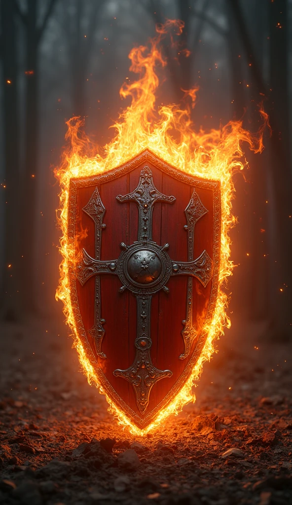 a medieval shield engulfed in fire