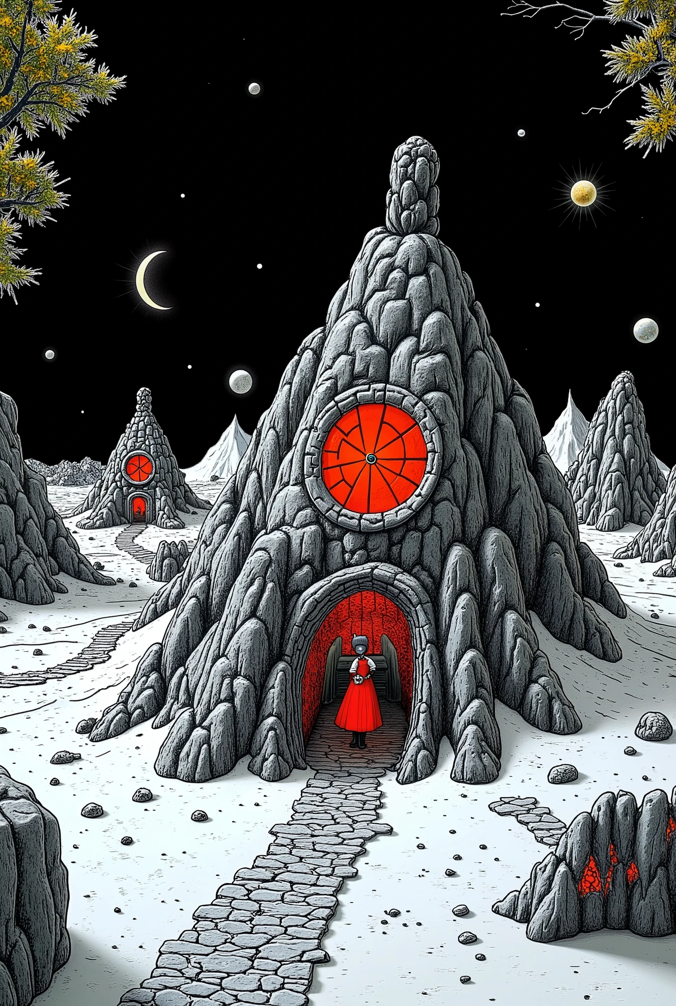 月球机车A moon base designed in a Fractal Geometric Metamorphosis style, featuring intricate, repeating patterns and shapes that transform and evolve. The scene emphasizes infinite complexity, showcasing elaborate structures that twist and flow seamlessly. The color scheme predominantly features black and red, creating a dramatic contrast that highlights the geometric details and enhances the otherworldly atmosphere of the moon base. The landscape is dotted with futuristic elements, giving a sense of advanced technology and exploration.

