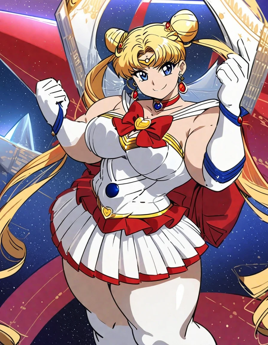 best quality, ultra-detailed, (1girl, solo, supersailormoon, double bun, twintails, circlet, jewelry, earrings, choker, red bow, white gloves, elbow gloves, miniskirt, thick arms, thick thighs,relaxed posture, elbows extended, standing, smile, knees ,,,),, (crystal movies style:0.8)