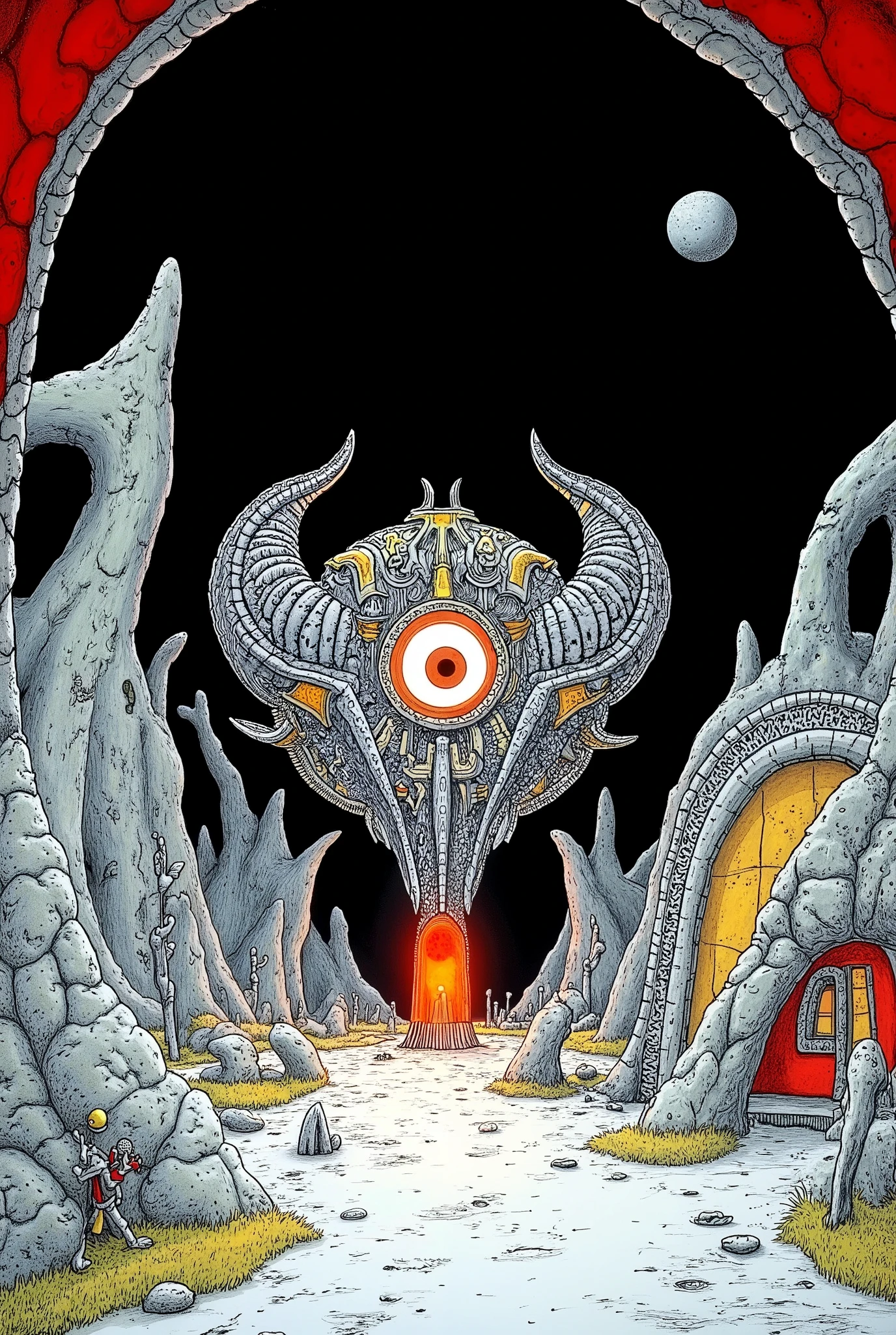 A moon base designed in a Fractal Geometric Metamorphosis style, featuring intricate, repeating patterns and shapes that transform and evolve. The scene emphasizes infinite complexity, showcasing elaborate structures that twist and flow seamlessly. The color scheme predominantly features black and red, creating a dramatic contrast that highlights the geometric details and enhances the otherworldly atmosphere of the moon base. The landscape is dotted with futuristic elements, giving a sense of advanced technology and exploration.