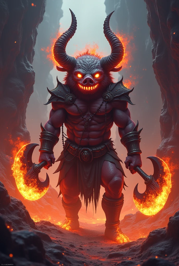 A captivating illustration of a devilish creature with horns, a furry body, and hooves. He stands tall in the fiery depths of Hell, within the temple of Satan. The background showcases an inferno of flames, with lava flows and twisted, tormented souls. The devil wields a pitchfork menacingly, casting an ominous shadow over the scene. The overall atmosphere is dark and foreboding, evoking a sense of fear and awe., illustration, photo