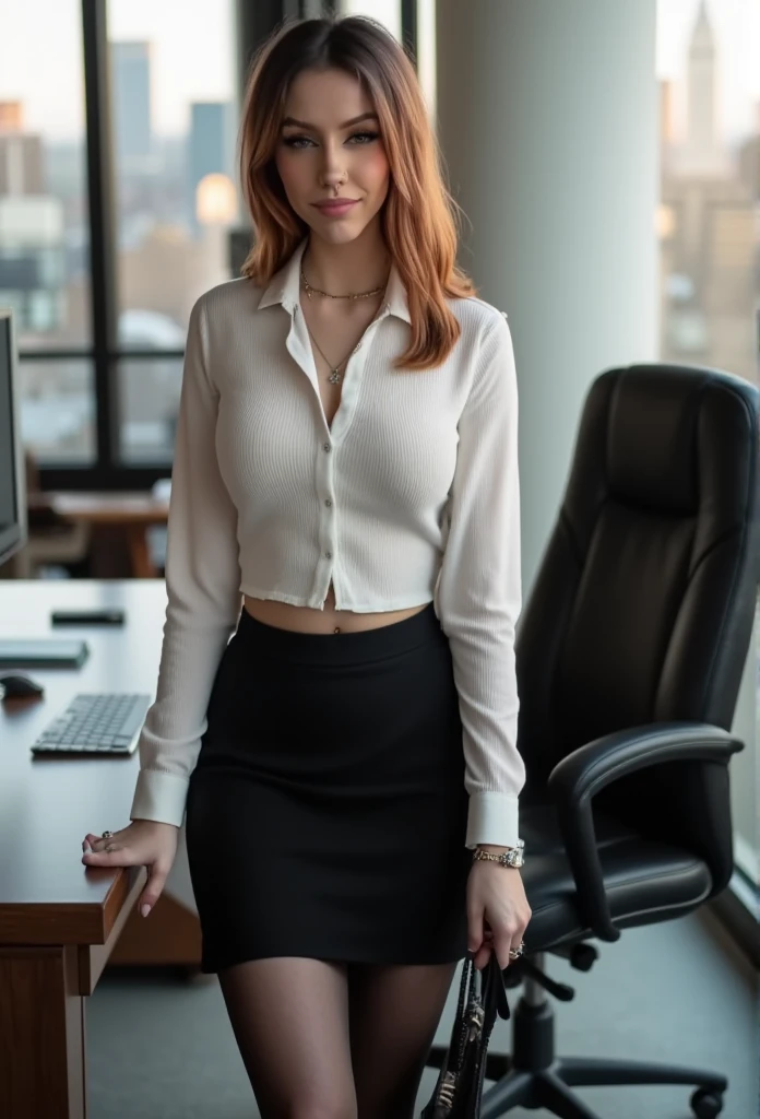 Beautiful caucasian woman, gorgeous face, clean skin, round green eyes, eyes green, redhead ponytail hair, orange hair, full lips, red lipstick, pointy nose, earings, cute cheekbones, freckles, fit figure, curvy body, flirty look, cute smile, wearing black suit shirt and skirt, office suit, sitting in office chair, working on her laptop, house office, distracted, candid, best lighting, natural light, best quality, best colors, ultra realism, highly detailed, 4k