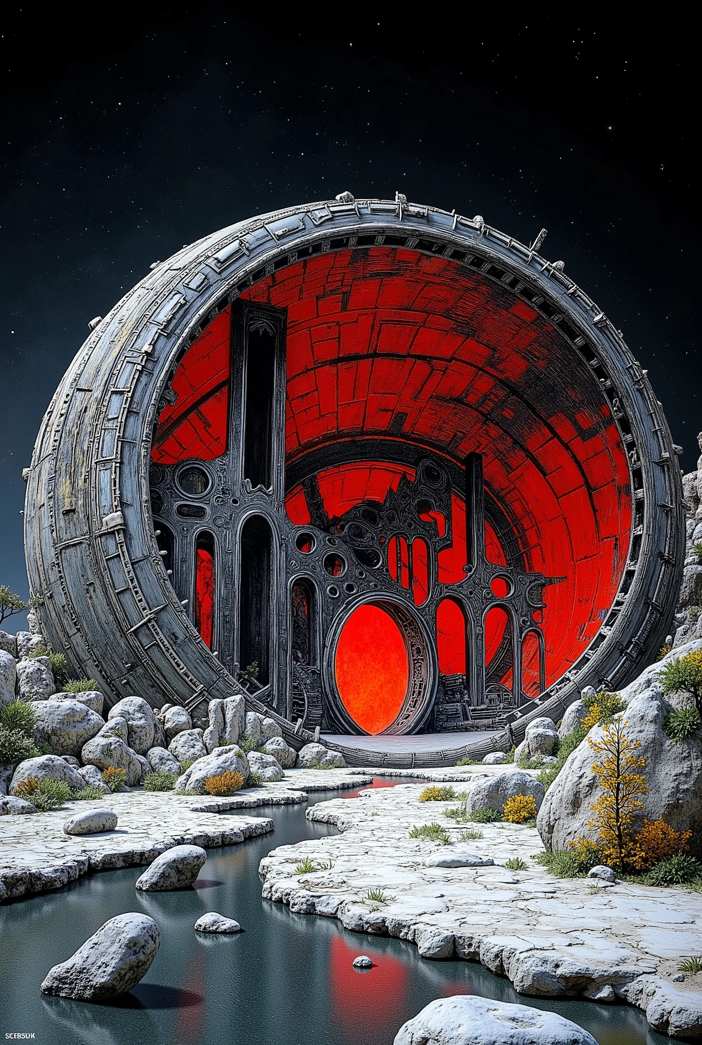 月球机车A moon base designed in a Fractal Geometric Metamorphosis style, featuring intricate, repeating patterns and shapes that transform and evolve. The scene emphasizes infinite complexity, showcasing elaborate structures that twist and flow seamlessly. The color scheme predominantly features black and red, creating a dramatic contrast that highlights the geometric details and enhances the otherworldly atmosphere of the moon base. The landscape is dotted with futuristic elements, giving a sense of advanced technology and exploration.

