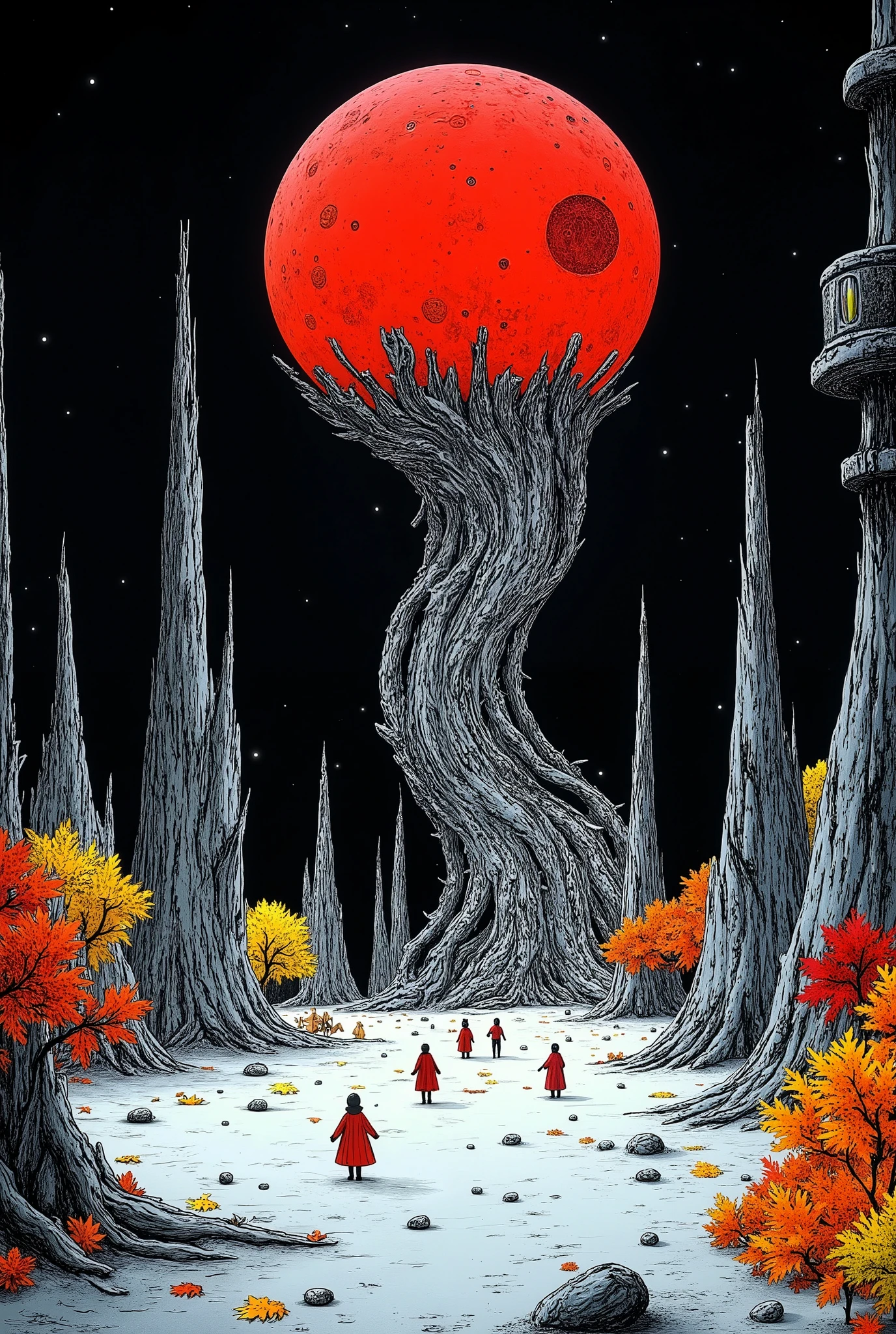 月球机车A moon base designed in a Fractal Geometric Metamorphosis style, featuring intricate, repeating patterns and shapes that transform and evolve. The scene emphasizes infinite complexity, showcasing elaborate structures that twist and flow seamlessly. The color scheme predominantly features black and red, creating a dramatic contrast that highlights the geometric details and enhances the otherworldly atmosphere of the moon base. The landscape is dotted with futuristic elements, giving a sense of advanced technology and exploration.
