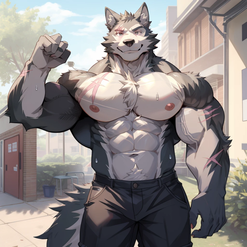 Wolf furry bara male focus, score_9, score_8, score_7, score_6,  bara, big muscles, correct anatomy, detailed eyes, simple backed, source_furry, gay, anthro, legoshi, beefy bodybuilder, musk clouds, sweaty body, musky, highres, huge pecs, soft pink nipples, bara tiddies, bara tits, school canteen, modern school, school canteen, massive muscular, thick arms,pose, smile, soft pink scars, pastel pink scar close to eye, HD, 4K, UHD, BEST QUALITY, 