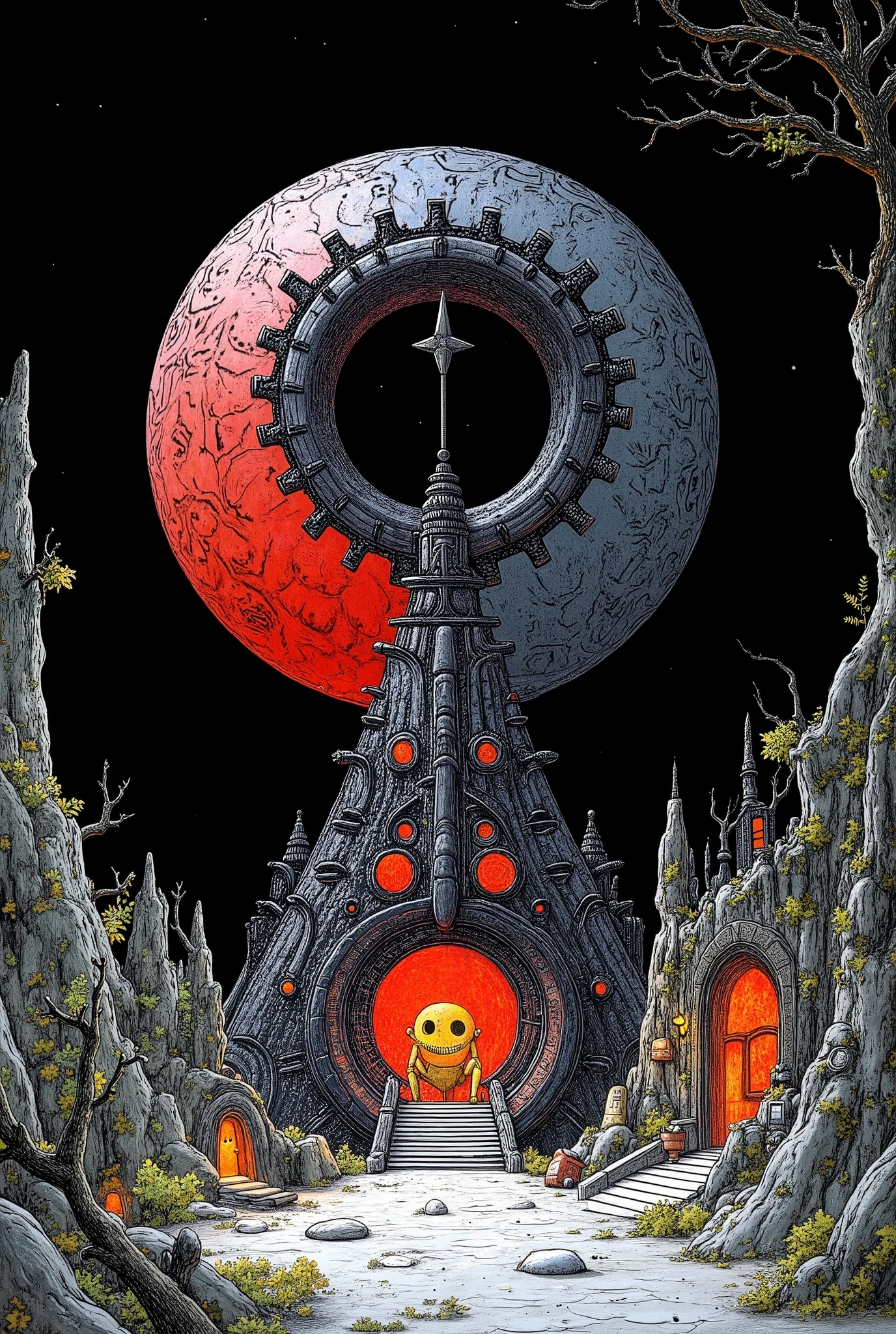 月球机车A moon base designed in a Fractal Geometric Metamorphosis style, featuring intricate, repeating patterns and shapes that transform and evolve. The scene emphasizes infinite complexity, showcasing elaborate structures that twist and flow seamlessly. The color scheme predominantly features black and red, creating a dramatic contrast that highlights the geometric details and enhances the otherworldly atmosphere of the moon base. The landscape is dotted with futuristic elements, giving a sense of advanced technology and exploration.