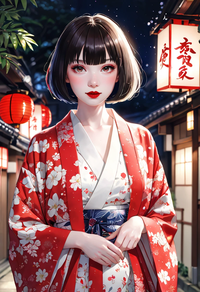 best quality, anatomically correct, throw,  pale skin , Bob cut, sparkling eyes, Red lipstick, Yukata