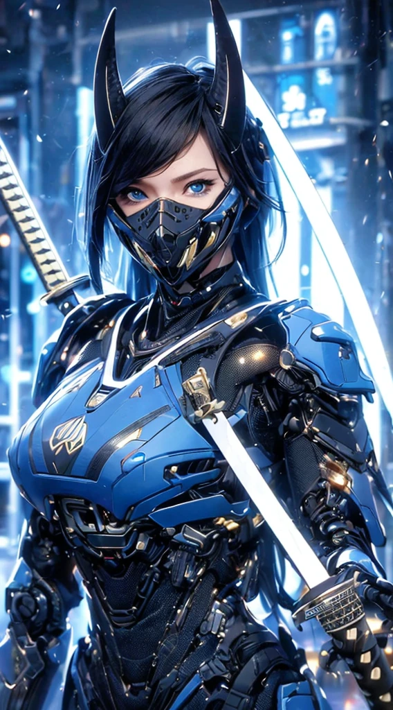 Super realistic, hyper realistic, super detailed, (cybersamurai, long hair, blue eyes, black hair, cleavage, upper body, horns, armor, blurry, clothing cutout, mask, blurry background, science fiction, mouth mask, cyborg, cyberpunk, katana on back, katana handle sticking out behind back:1.3) (glowing simple black background:1.25), masterpiece, best quality, wide-angle Hyperdetailed, masterpiece, best quality, 8k, natural lighting, soft lighting, sunlight, HDR (High Dynamic Range), Maximum Clarity And Sharpness, Multi-Layered Textures