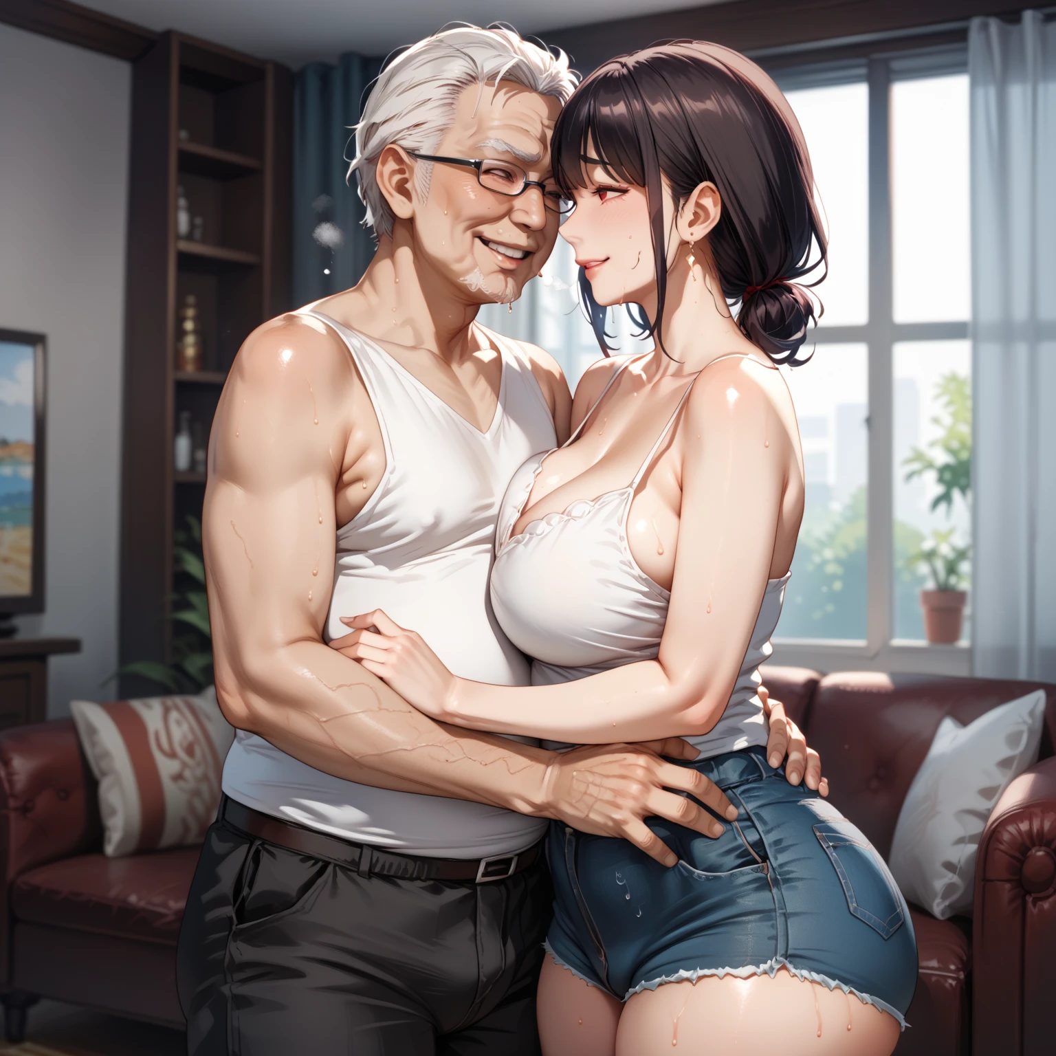 1 mature woman 、１Old man 、、 standing、smile、 women with dark hair 、 mature woman 、40-year-old woman、Parting the bangs、 very big breasts 、 very big butt 、 plump 、Red face、 ashamed、発sweat、sweat、 camisole and shorts、Put your hands in old man's pants 、Touching the groin、An old man with a loose body 、Close Contact、touch、Interact、Embrace each other、 living room 、NTR_face,straight-on、mature female、cowboy shot