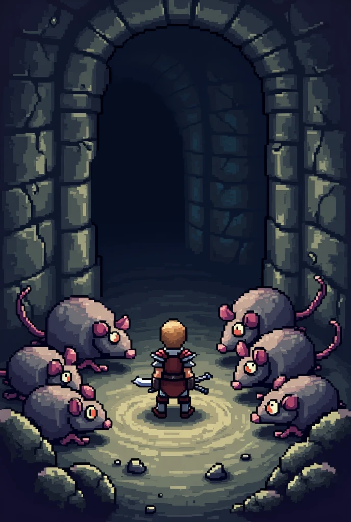 Pixel art with the concept of “deep dungeon”, In the first room the hero has initial equipment and fights against giant rats and slimes