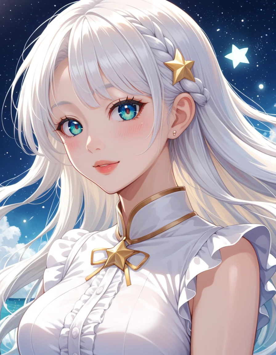 anime girl with long white hair and a star in her hair, White-haired goddess,  anime girl with space hair , star(null) starry_null,  anime visual of a cute girl ,  splash art anime Lori ,  white shining aura , White Hair Girl, Ethereal Anime, akasuki voidstar, Celestial Aura, Nightcore,   anime moe art style 