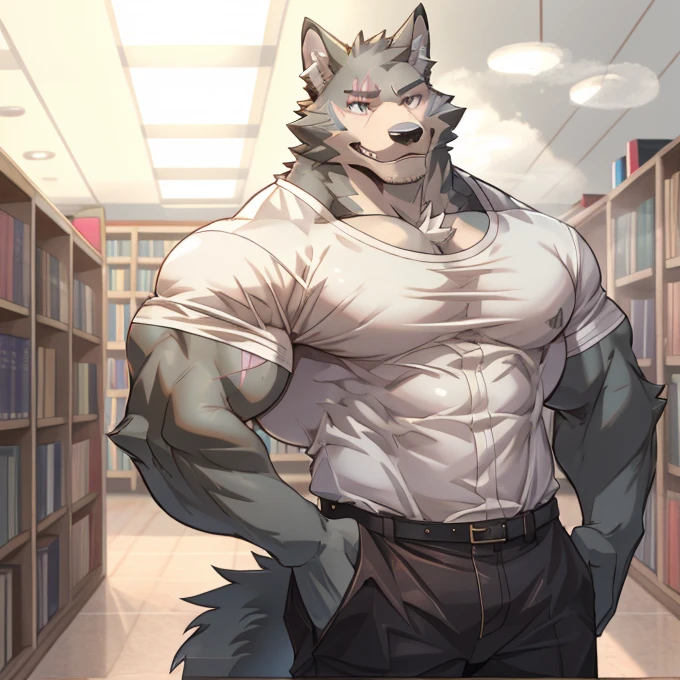 Gray Wolf furry bara male focus, score_9, score_8, score_7, score_6,  bara, big muscles, correct anatomy, detailed eyes, simple backed, source_furry, gay, anthro, legoshi, beefy bodybuilder, musk clouds, sweaty body, musky, highres, huge pecs, bara tiddies, school library, modern school, school library, massive muscular, thick arms,pose, smile, soft pink scars, pastel pink scar close to eye, HD, 4K, UHD, BEST QUALITY, Using a white shirt, and black pants. Gray furry, gray fur, Soft pink scar close to eye, Soft pink scars