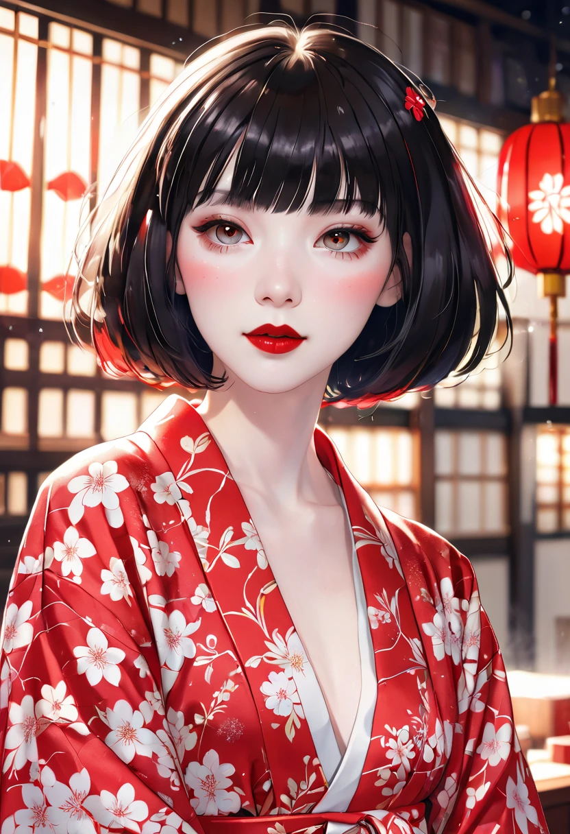 best quality, anatomically correct, throw,  pale skin , Bob cut, sparkling eyes, Red lipstick, Yukata