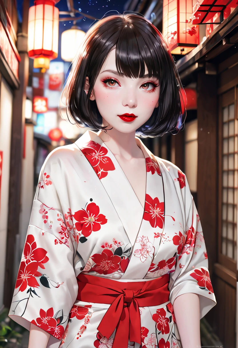 best quality, anatomically correct, throw,  pale skin , Bob cut, sparkling eyes, Red lipstick, Yukata