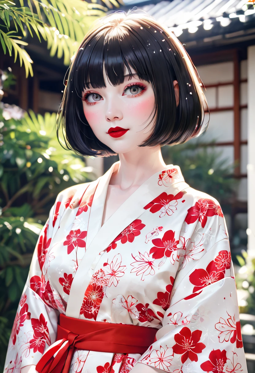 best quality, anatomically correct, throw,  pale skin , Bob cut, sparkling eyes, Red lipstick, Yukata