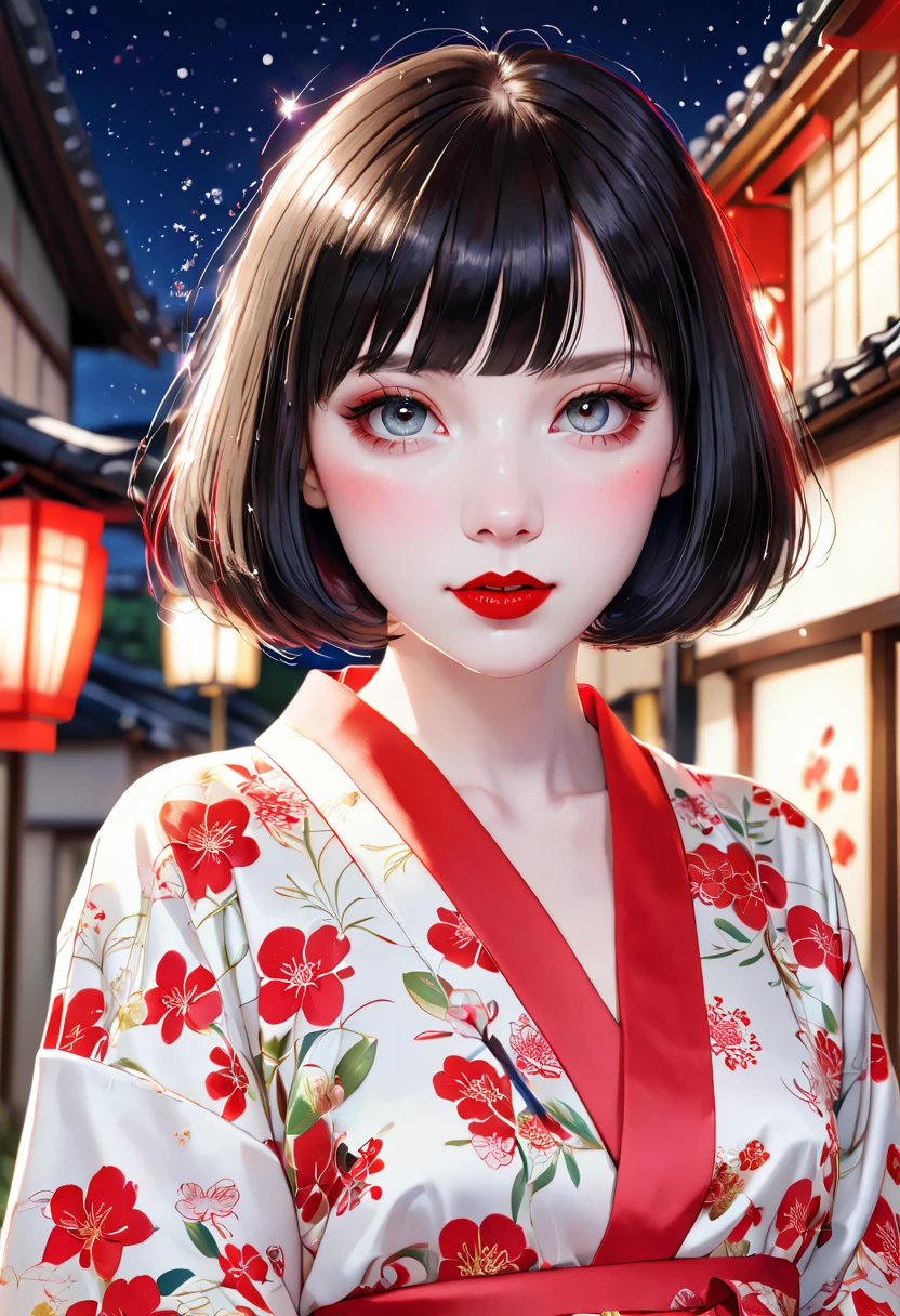 best quality, anatomically correct, throw,  pale skin , Bob cut, sparkling eyes, Red lipstick, Yukata