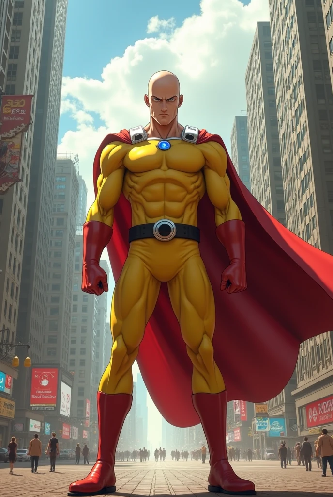 Generates an image of a bald person in a yellow superhero suit with a red cape beating up goku