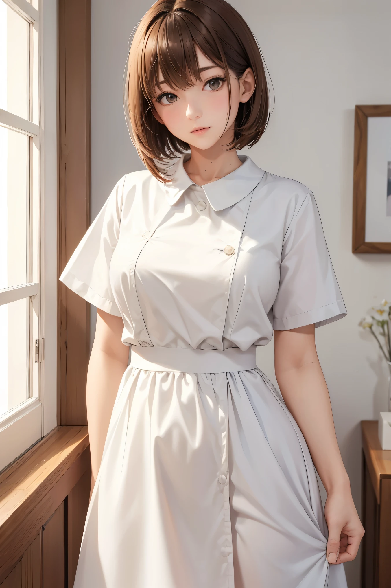ayasakairemi, 1girl, high school girl, ager, twintails, red hair, red eyes, beautiful, beautiful woman, perfect body, perfect breasts, wearing white pajamas, pajamas, sleepwear, in the kitchen, clear kitchen, looking at the audience, a little smile, realism, masterpiece, textured skin, super detail, high detail, high quality, best quality, 1080p, 16k